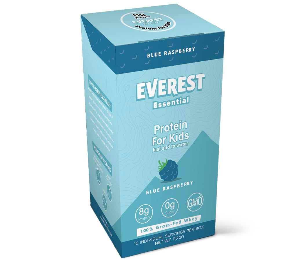 Everest Essential, Kid&#39;s Clear Whey Protein Powder (Blue Raspberry, 10 Packets) Protein Drink Mix for Kids, Electrolytes for Kids, 8g Protein Per Serving, Non GMO, Zero Added Sugar