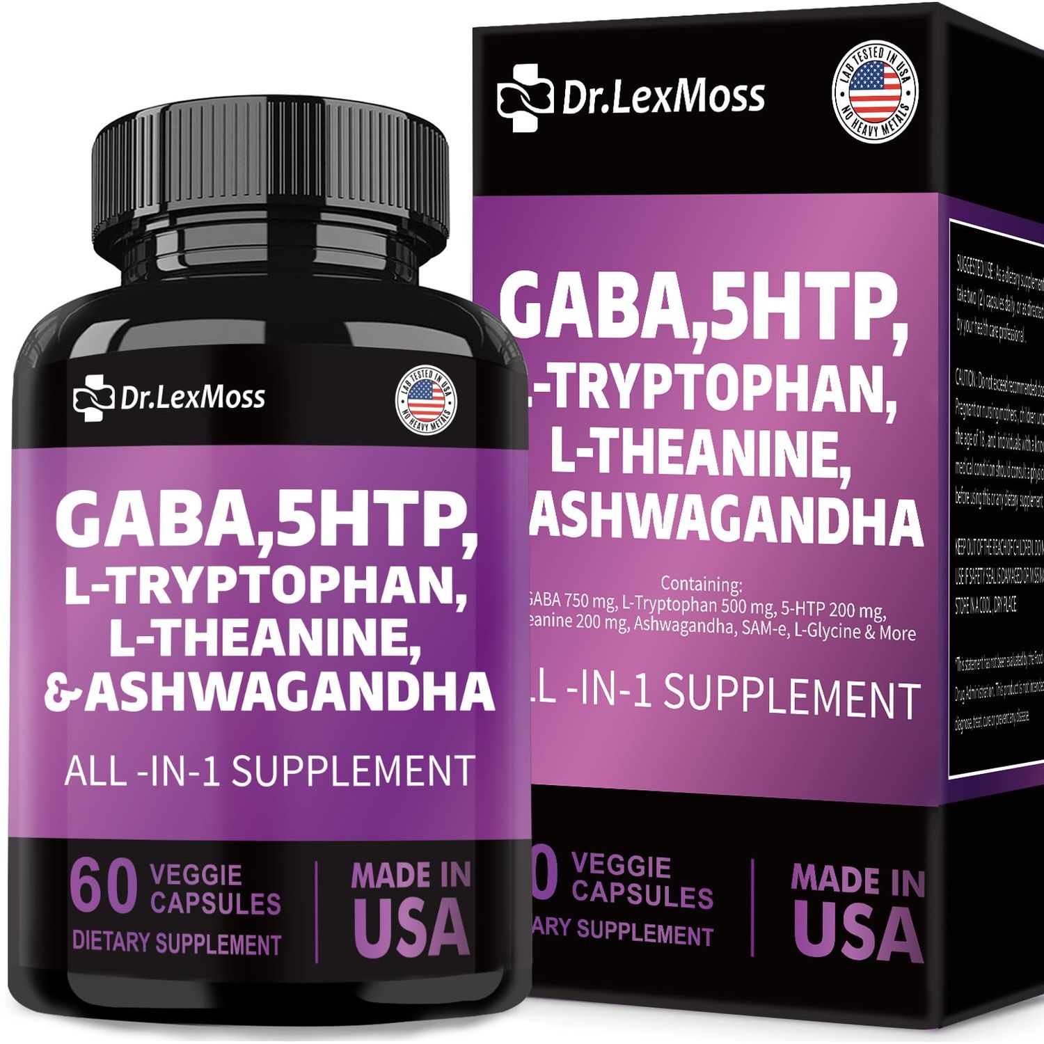 Dr.LexMoss GABA 750mg 5 HTP 200mg L Tryptophan 500mg L Theanine 200mg Ashwagandha 3000mg SAM-e L-Glycine Mood Support Vitamins for Women and Men with L-Tyrosine Made in USA 60 Count