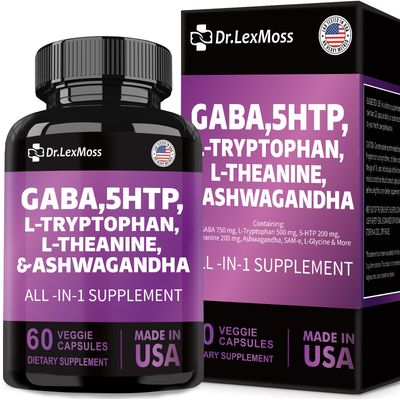 Dr.LexMoss GABA 750mg 5 HTP 200mg L Tryptophan 500mg L Theanine 200mg Ashwagandha 3000mg SAM-e L-Glycine Mood Support Vitamins for Women and Men with L-Tyrosine Made in USA 60 Count
