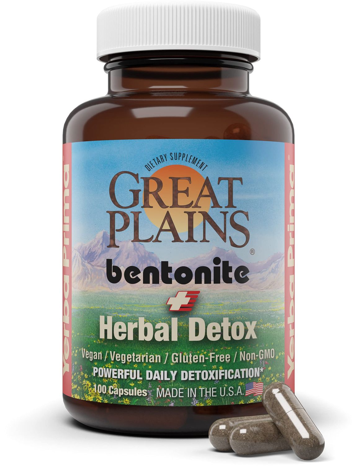 Yerba Prima Bentonite Clay Plus Herbal Detox, 100 Veg Capsules - Food Grade Clay from The Great Plains, USA - Colon &amp; Liver Cleanse Supplement with Calcium Clay