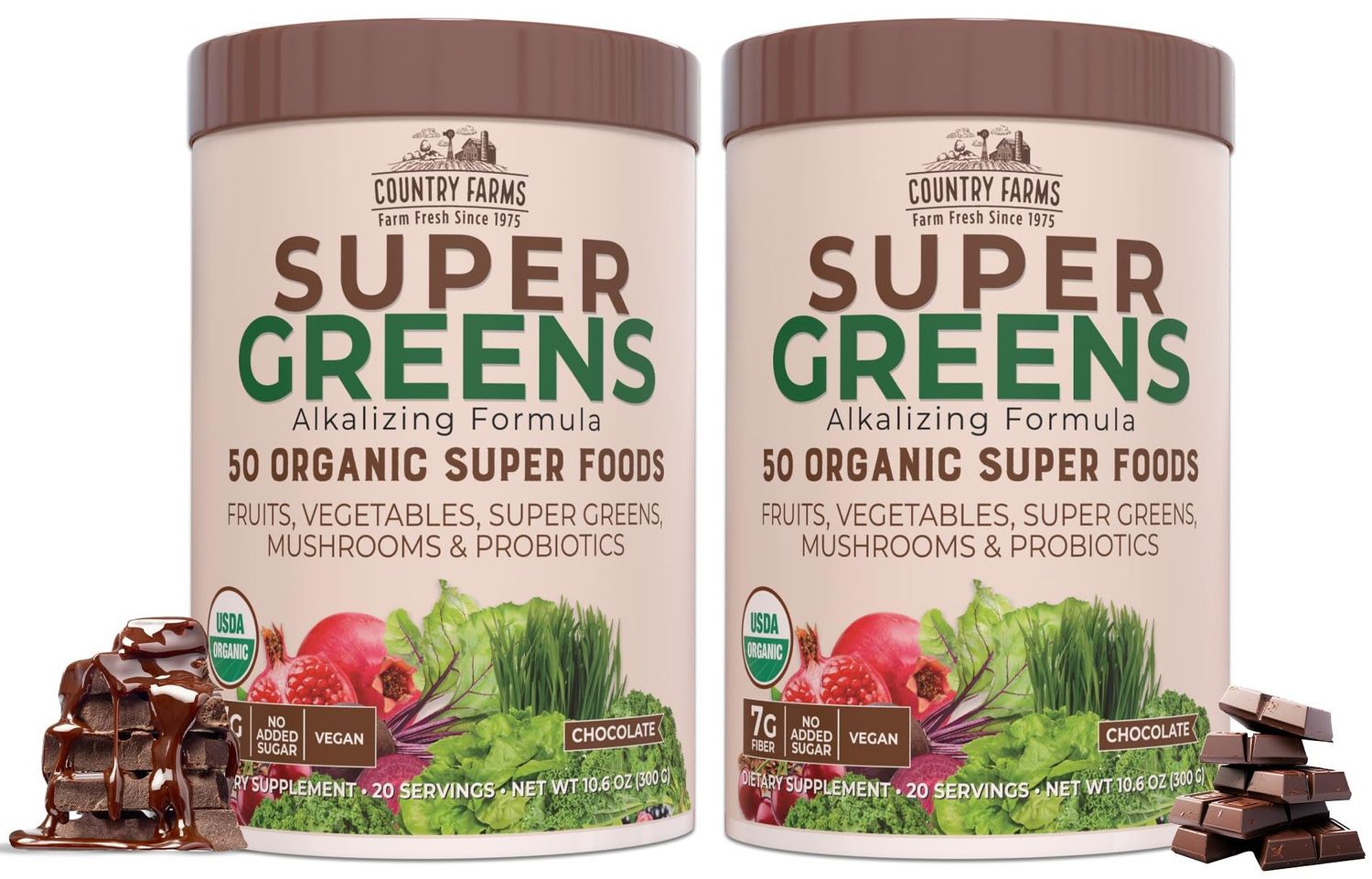 COUNTRY FARMS Super Greens Chocolate Flavor, 50 Organic Super Foods, USDA Organic Drink Mix, Fruits, Vegetables, Super Greens, Mushrooms &amp; Probiotics, Supports Energy, 40 Servings, 10.6 Oz, 2 Pack
