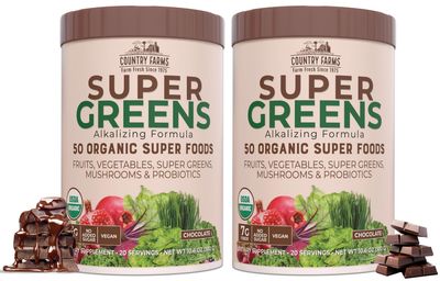 COUNTRY FARMS Super Greens Chocolate Flavor, 50 Organic Super Foods, USDA Organic Drink Mix, Fruits, Vegetables, Super Greens, Mushrooms &amp; Probiotics, Supports Energy, 40 Servings, 10.6 Oz, 2 Pack