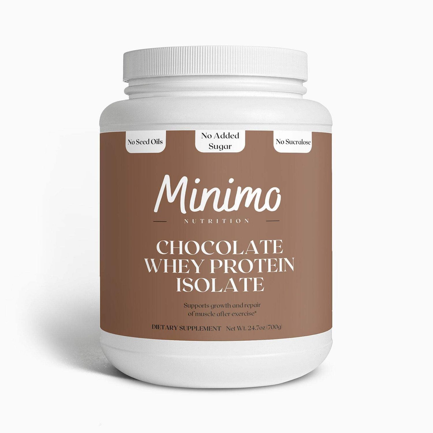 Minimo Nutrition Whey Isolate Protein Powder, Chocolate, Whey Protein Isolate, No Seed Oils, No Added Sugar, No Sucralose, 1.61 lbs