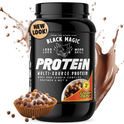 Black Magic Protein Powder - Whey, Egg, and Casein Complex with Enzymes &amp; MCT Powder - Pre Workout and Post Workout - New Look- Famous Chocolate Peanut Butter Puffs - 24g Protein - 2 LB