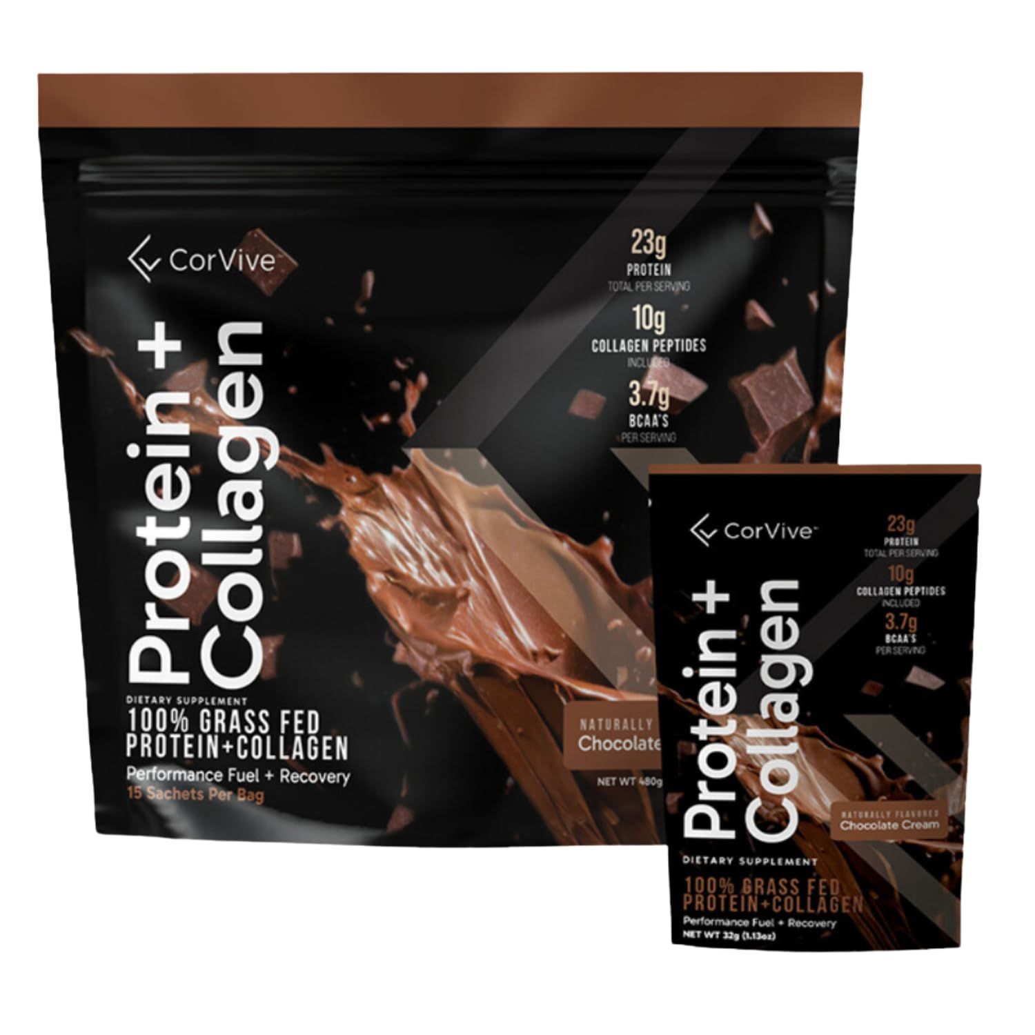 Protein + Collagen Powder | 23g Protein (Grass-Fed Whey + Collagen) | 3.7g BCAAs | Supports Muscle &amp; Joint Health | Gluten &amp; Soy Free | No Artificial Ingredients | 15 Sachets - Chocolate