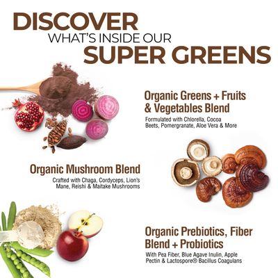 COUNTRY FARMS Super Greens Chocolate Flavor, 50 Organic Super Foods, USDA Organic Drink Mix, Fruits, Vegetables, Super Greens, Mushrooms & Probiotics, Supports Energy, 40 Servings, 10.6 Oz, 2 Pack
