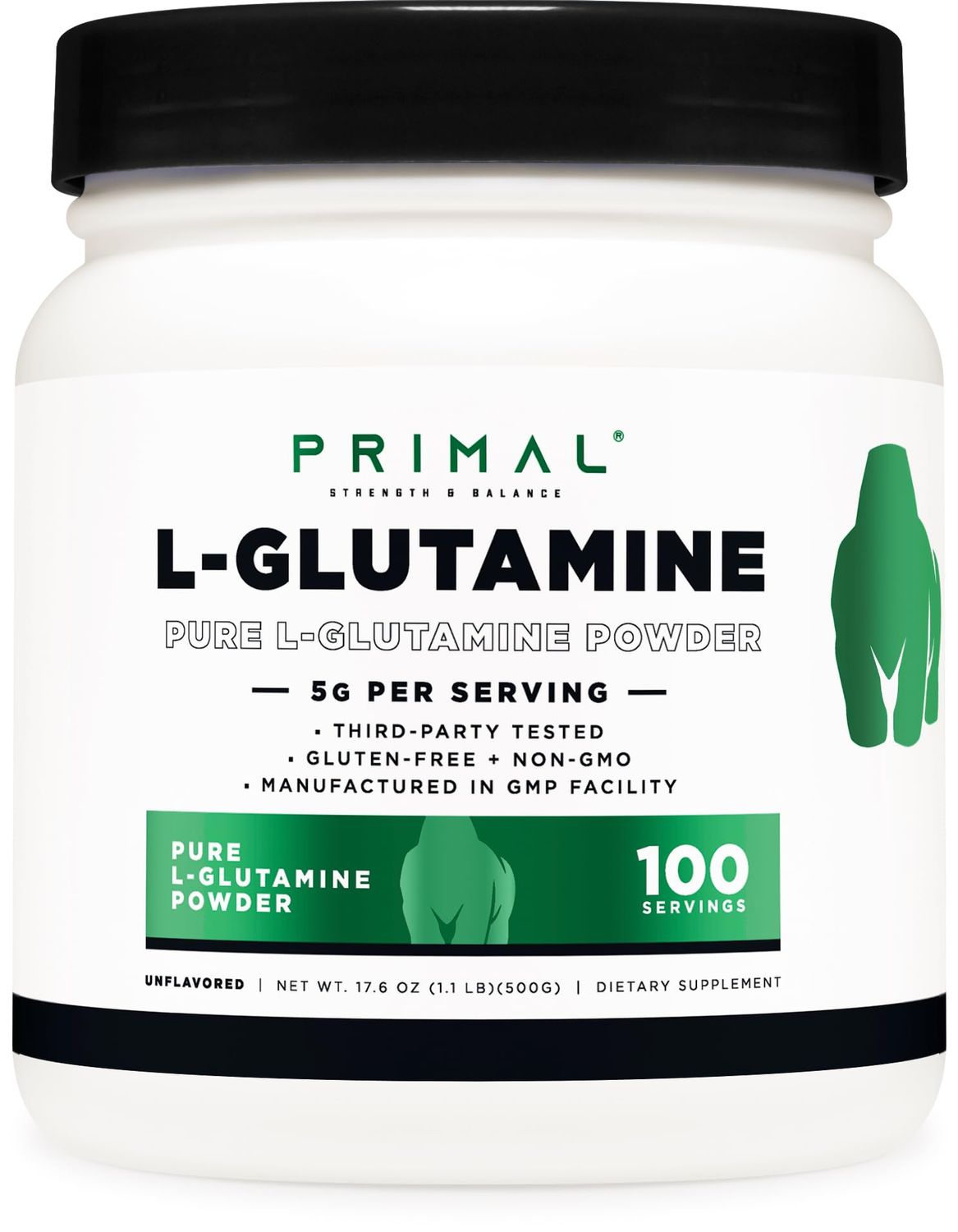 Primal L-Glutamine Powder (500 Grams, 100 Servings) | Pure Unflavored Glutamine Amino Acid for Sport &amp; Workout Support and Performance - Gluten Free, Non-GMO Nutritional Supplement