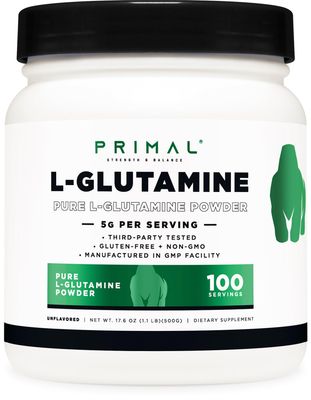 Primal L-Glutamine Powder (500 Grams, 100 Servings) | Pure Unflavored Glutamine Amino Acid for Sport &amp; Workout Support and Performance - Gluten Free, Non-GMO Nutritional Supplement