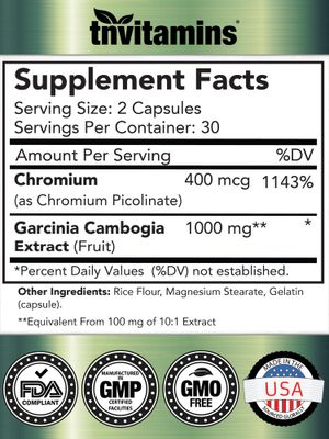 tnvitamins Garcinia Cambogia Extract Capsules (1000 MG x 60 Pills) with Chromium | Weight Loss Pills for Women &amp; Men* | Appetite Suppressant for Weight Loss