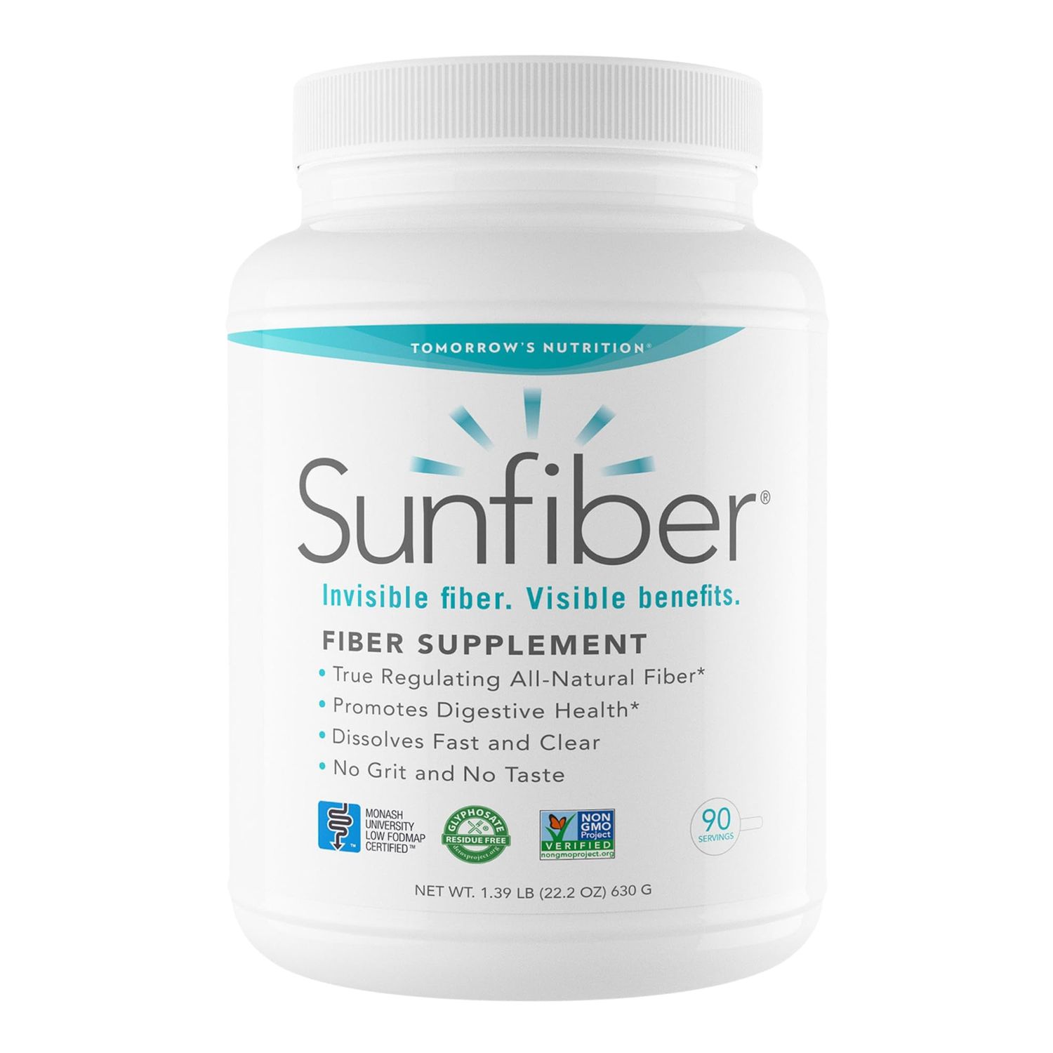 Tomorrow&#39;s Nutrition, Sunfiber, Prebiotic Fiber Supplement for Digestive Health, Low FODMAP, Gluten-Free, Unflavored, 90 Servings