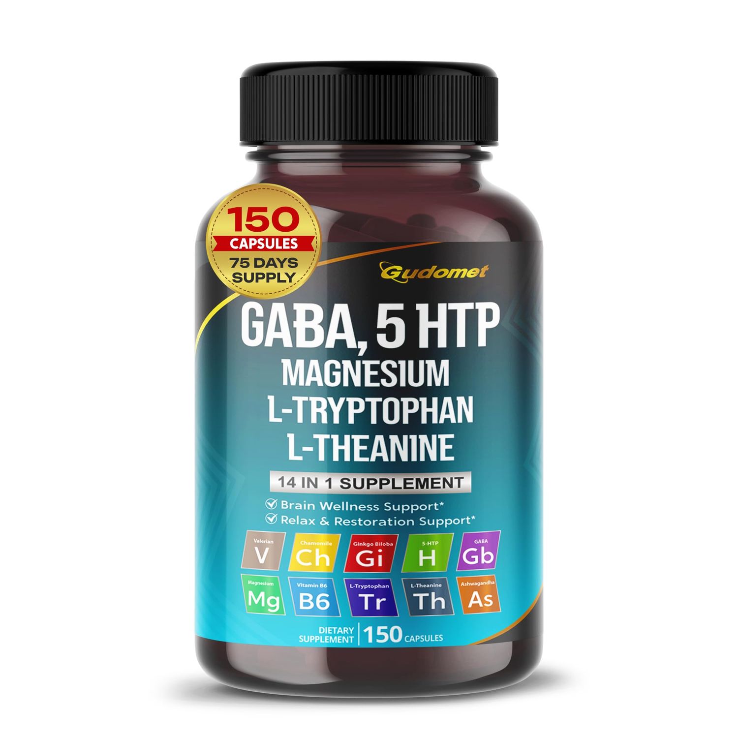 GUDOMET GABA 5-HTP L-Tryptophan L-Theanine Vitamin D3 Vitamin B6 Holy Basil Valerian Chamomile Ginkgo Biloba Ginger -150 Capsules- Made in USA