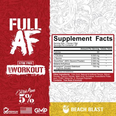 5% Nutrition Full AF Pre-Workout | Stim-Free with Massive Pumps | L-Citrulline, L-Taurine, Nitrosigine, GlycerSize | 13.4oz (Beach Blast)