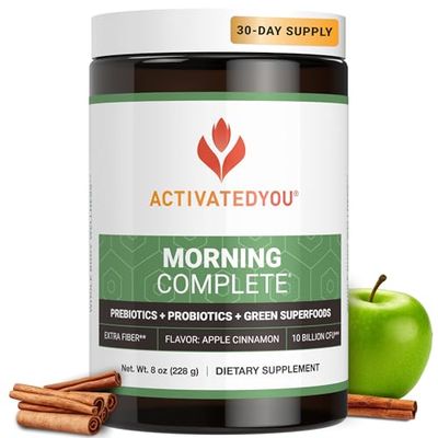 ACTIVATEDYOU Morning Complete Daily Wellness Greens Superfood Drink Mix for Gut Health w/Prebiotics, Probiotics, Antioxidants, Green Superfoods, 10 Billion CFUs, 30 Servings (Apple Cinnamon)