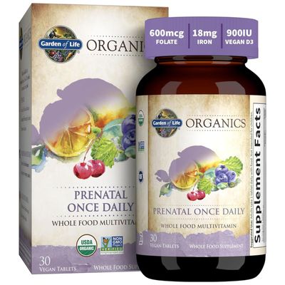 Garden of Life Organics Prenatal Vitamin: Folate for Energy &amp; Healthy Fetal Development, Non-constipating Iron, Vitamin C, B6, B12, D3 - Organic, Non-GMO, Gluten-Free, Vegan, 30 Day Supply