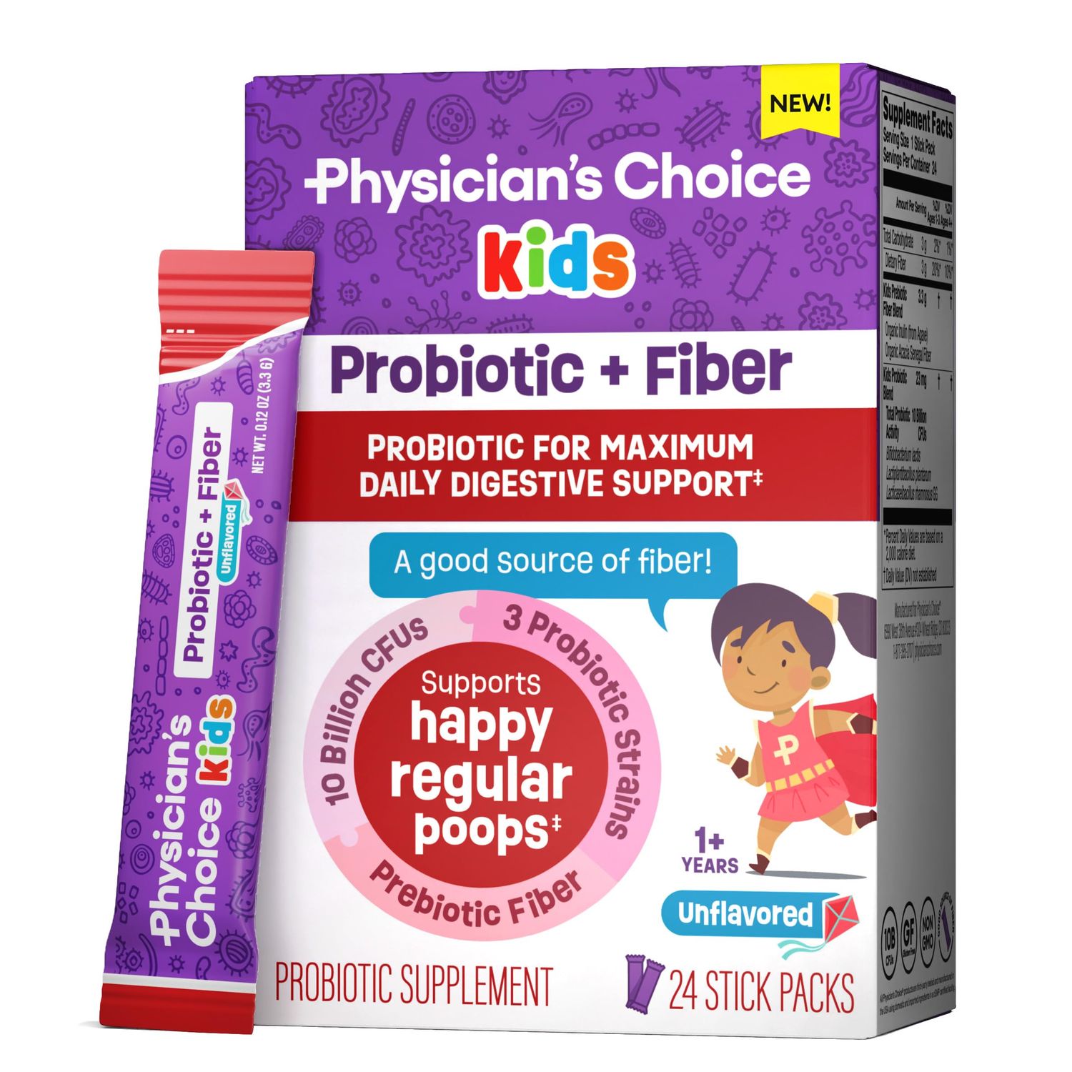 Physician&#39;s Choice Kids Probiotic + Prebiotic Fiber Packets (Ages 1+) - Supports Regularity, Occasional Constipation &amp; A Healthy Digestive System - No Allergens or Preservatives - Unflavored - 24 Pack