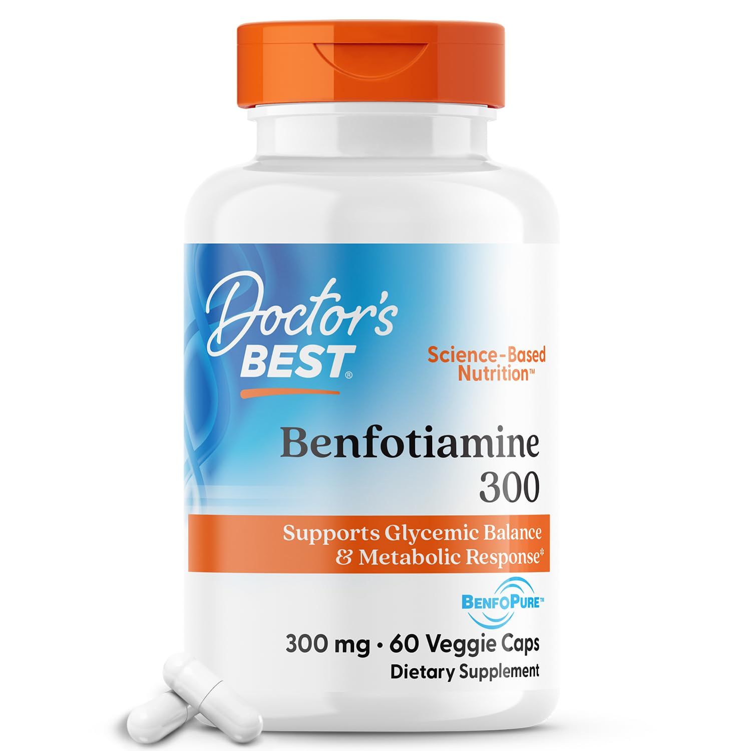 Doctor&#39;s Best Benfotiamine 300 with BenfoPure, Helps Maintain Healthy Glucose Metabolism, Non-GMO, Vegan, Gluten Free, Soy Free, 300 mg, 60 Veggie Caps