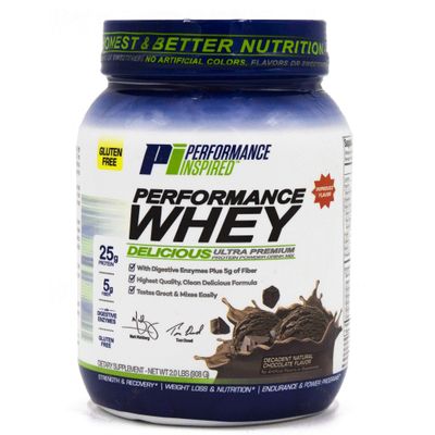 Performance Inspired Nutrition WHEY Protein Powder - All Natural - 25G - Contains BCAAs - Digestive Enzymes - Fiber Packed - Decadent Natural Chocolate - 2 Pounds