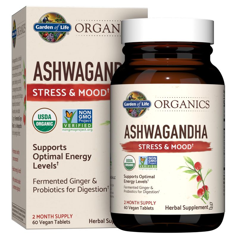 Garden of Life Organics Ashwagandha Stress, Mood &amp; Energy Support Supplement with Probiotics &amp; Ginger Root for Digestion - Vegan, Gluten Free, Non GMO - 2 Month Supply, 60 Tablets