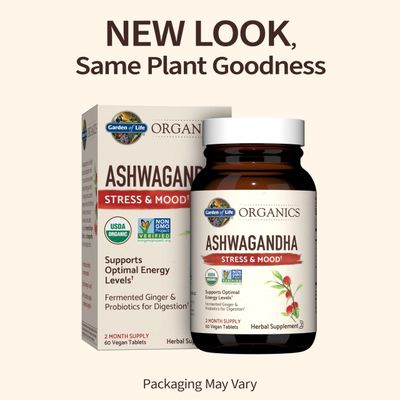 Garden of Life Organics Ashwagandha Stress, Mood &amp; Energy Support Supplement with Probiotics &amp; Ginger Root for Digestion - Vegan, Gluten Free, Non GMO - 2 Month Supply, 60 Tablets