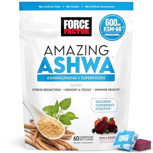 Force Factor Amazing Ashwa for Stress Relief, Memory, Focus, and Immune Support Health, Ashwaganda Supplement with KSM-66 Ashwagandha for Stress, 60 Soft Chews