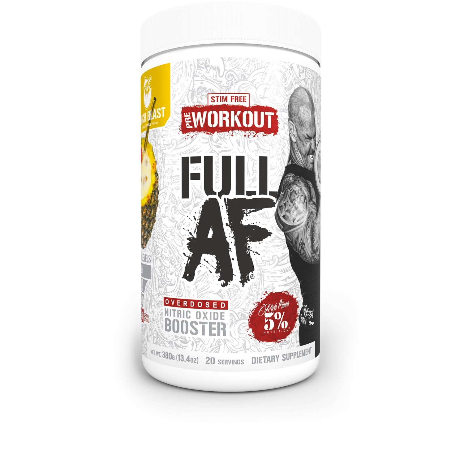 5% Nutrition Full AF Pre-Workout | Stim-Free with Massive Pumps | L-Citrulline, L-Taurine, Nitrosigine, GlycerSize | 13.4oz (Beach Blast)