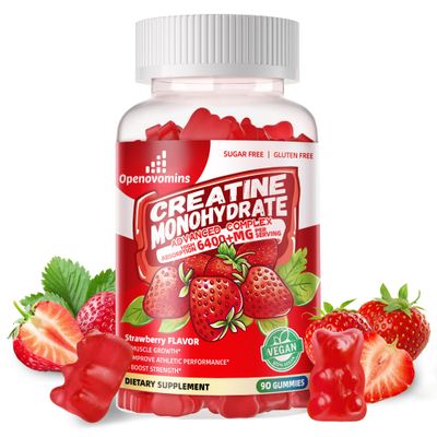 Creatine Monohydrate Gummies Complex 6400mg for Men &amp; Women -Advanced Formula W/L-Taurine + Vitamin B12, Sugar Free Chewable Supplement,90 Strawberry Gummies