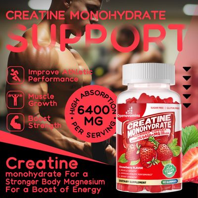 Creatine Monohydrate Gummies Complex 6400mg for Men & Women -Advanced Formula W/L-Taurine + Vitamin B12, Sugar Free Chewable Supplement,90 Strawberry Gummies