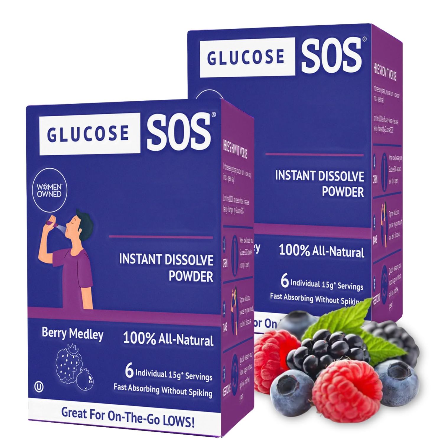 Glucose SOS Glucose Powder - Natural Dextrose Powder Packets - Fast-Absorption - Instantly Dissolves - No Water Needed - Berry Medley - 12 Packets