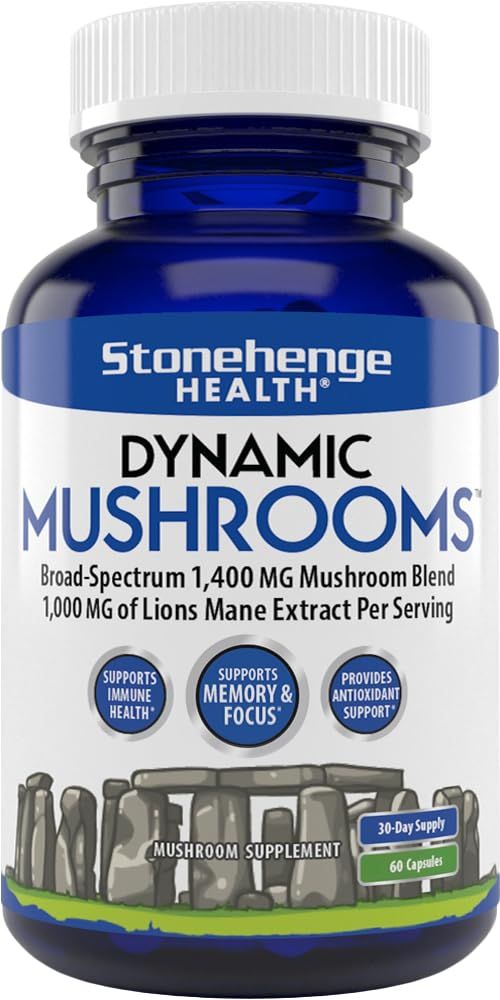 Stonehenge Health Dynamic Mushrooms - 100% Fruiting Bodies &amp; Extracts - Lions Mane, Chaga, Maitake, Shiitake, Reishi - Nootropic Brain &amp; Immune System Support - No Mycelium - 60 Veggie Capsules