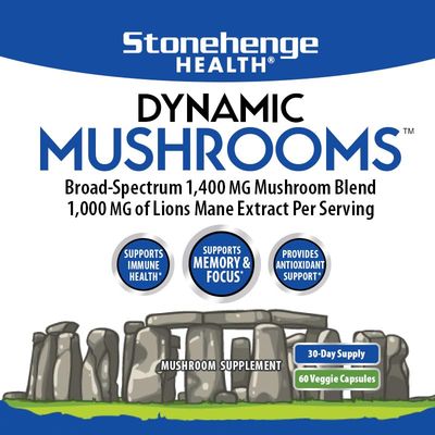 Stonehenge Health Dynamic Mushrooms - 100% Fruiting Bodies & Extracts - Lions Mane, Chaga, Maitake, Shiitake, Reishi - Nootropic Brain & Immune System Support - No Mycelium - 60 Veggie Capsules