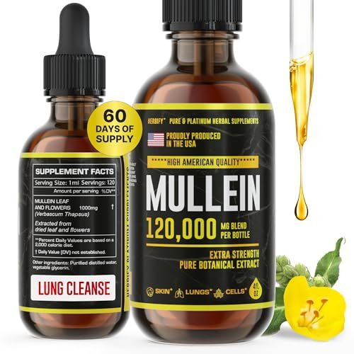 HERBIFY Mullein Drops - Lung Cleanse - Leaf Extract - Powerful Mullein for Immune Support,Detox &amp; Respiratory Support - Made in USA - Herbal Supplements - 4 Oz