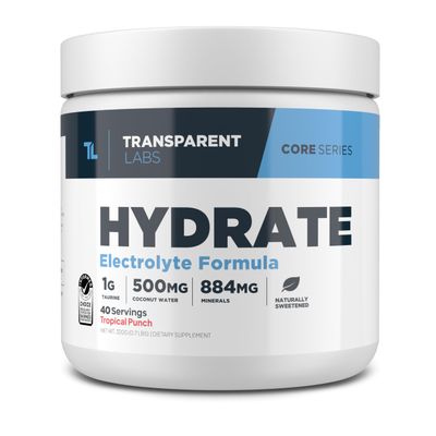 Transparent Labs Hydrate Naturally Sweetened Electrolytes Powder - Hydration Powder Electrolytes with Coconut Water, Calcium, Taurine, &amp; Potassium - 40 Servings, Tropical Punch