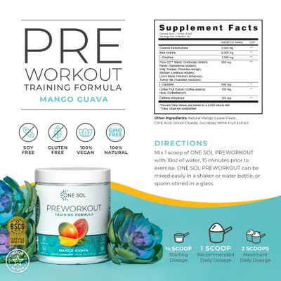 One Sol Pre-Workout for Women, Enhanced Pump & Focus, No Jitters Or Crash, Natural Ingredients, 100% Vegan, Gluten Free & Soy Free, (Mango Guava)