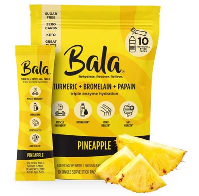 BALA Hydration Turmeric Drink Mix Packet | Sugar-Free Electrolyte Powder, Muscle Recovery, Immune Support, Joint Relief | Plant-Based Enzymes -Pineapple 0.25 Ounce (Pack of 10)