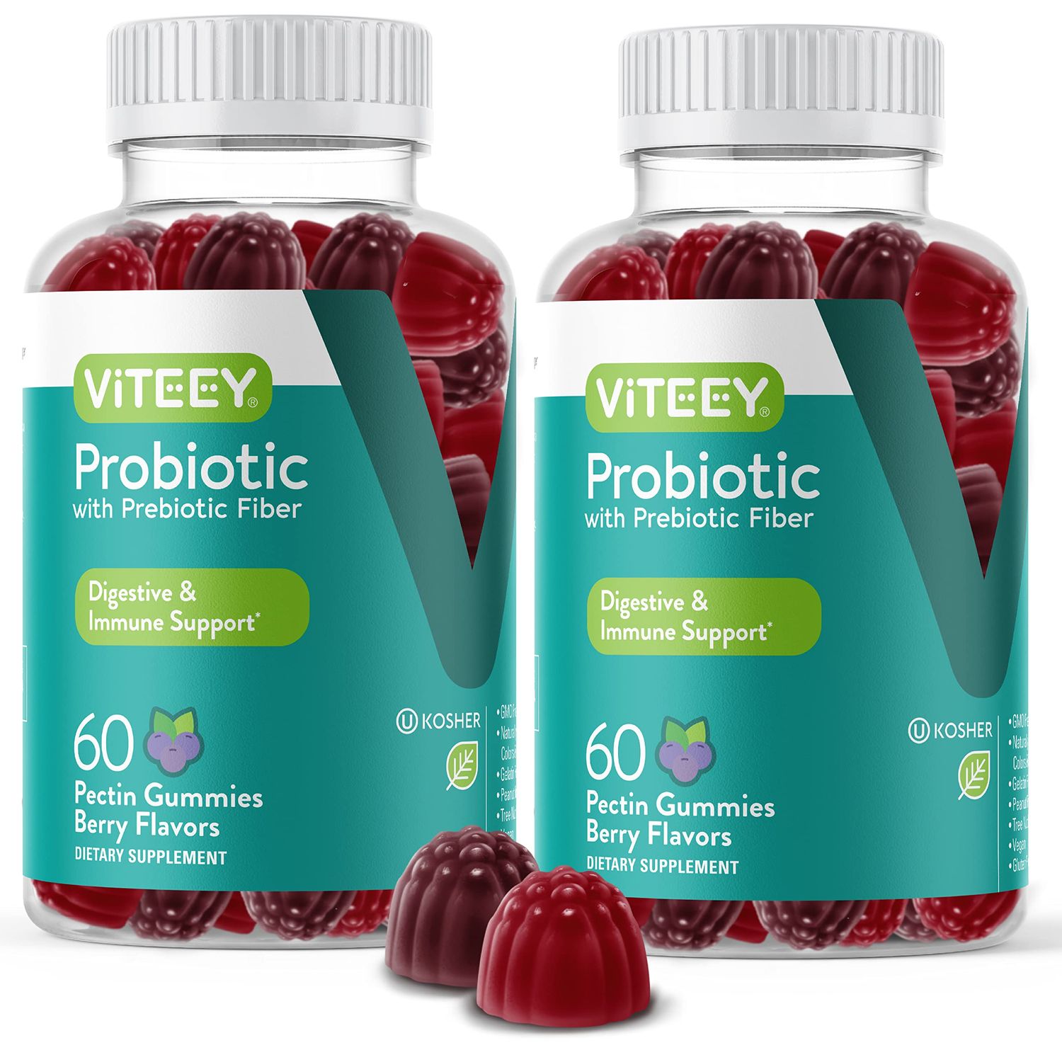 Probiotic Gummies with Prebiotic Fiber, Extra Strength 2 Billion CFUs - Prebiotics and Probiotics for Immune &amp; Digestive Support - Vegan, Gelatin Free, GMO Free - Tasty Chewable Berry Flavored Gummy