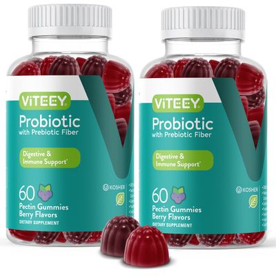 Probiotic Gummies with Prebiotic Fiber, Extra Strength 2 Billion CFUs - Prebiotics and Probiotics for Immune &amp; Digestive Support - Vegan, Gelatin Free, GMO Free - Tasty Chewable Berry Flavored Gummy