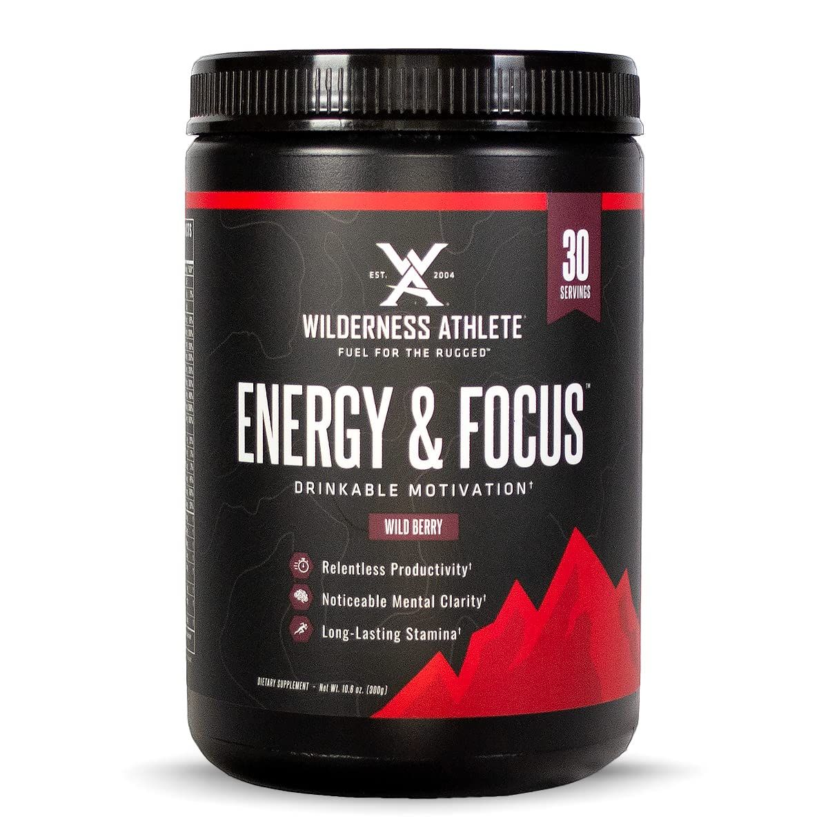 Wilderness Athlete - Energy &amp; Focus | Energy Pre Workout for Women &amp; Men - Energy Powder Drink Mix with Natural Caffeine - Low-Carb, Zero Sugar Workout Powder - 30 Serving Tub (Wild Berry)