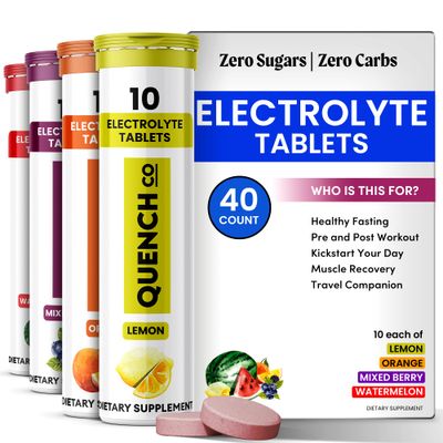 Quench Electrolyte Tablets 40 Count Instant Hydration, Electrolytes, Fasting Electrolytes No Sugar for Optimal Hydration Support Not Powder - Watermelon, Orange, Mixed Berry, Lemon Flavors