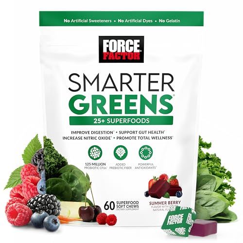 FORCE FACTOR Smarter Greens Superfood Chews, Greens and Superfoods with Probiotics, Antioxidants, and Fiber, Greens Supplement to Support Digestion, Nitric Oxide, and Energy, 60 Soft Chews