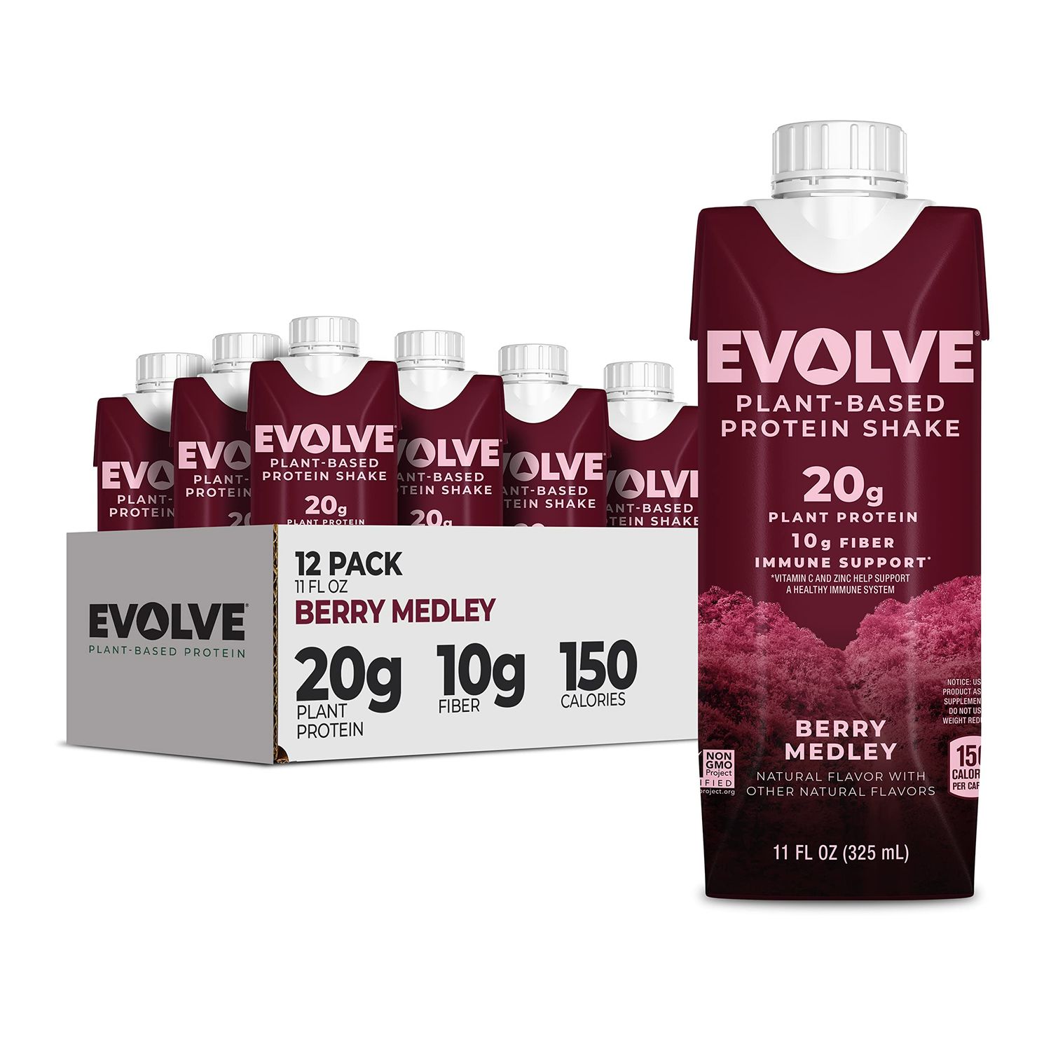 Evolve Plant Based Protein Shake, Berry Medley, 20g Vegan Protein, Immune Support, Vitamin C &amp; Zinc, Dairy Free, No Artificial Sweeteners, Non-GMO, 10g Fiber, 11oz, (12 Pack) (Formula May Vary)