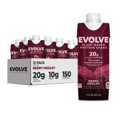 Evolve Plant Based Protein Shake, Berry Medley, 20g Vegan Protein, Immune Support, Vitamin C &amp; Zinc, Dairy Free, No Artificial Sweeteners, Non-GMO, 10g Fiber, 11oz, (12 Pack) (Formula May Vary)