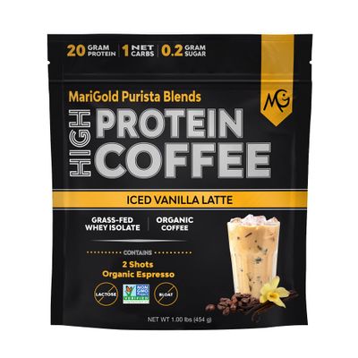 MariGold High Protein Coffee - Iced Vanilla Latte, 20g Grass-Fed Whey Protein Isolate, Energy &amp; Workout Boost, 2 Shots Organic Espresso, Non-GMO, 1 Net Carb, 1 Lb Bag, 15 Servings