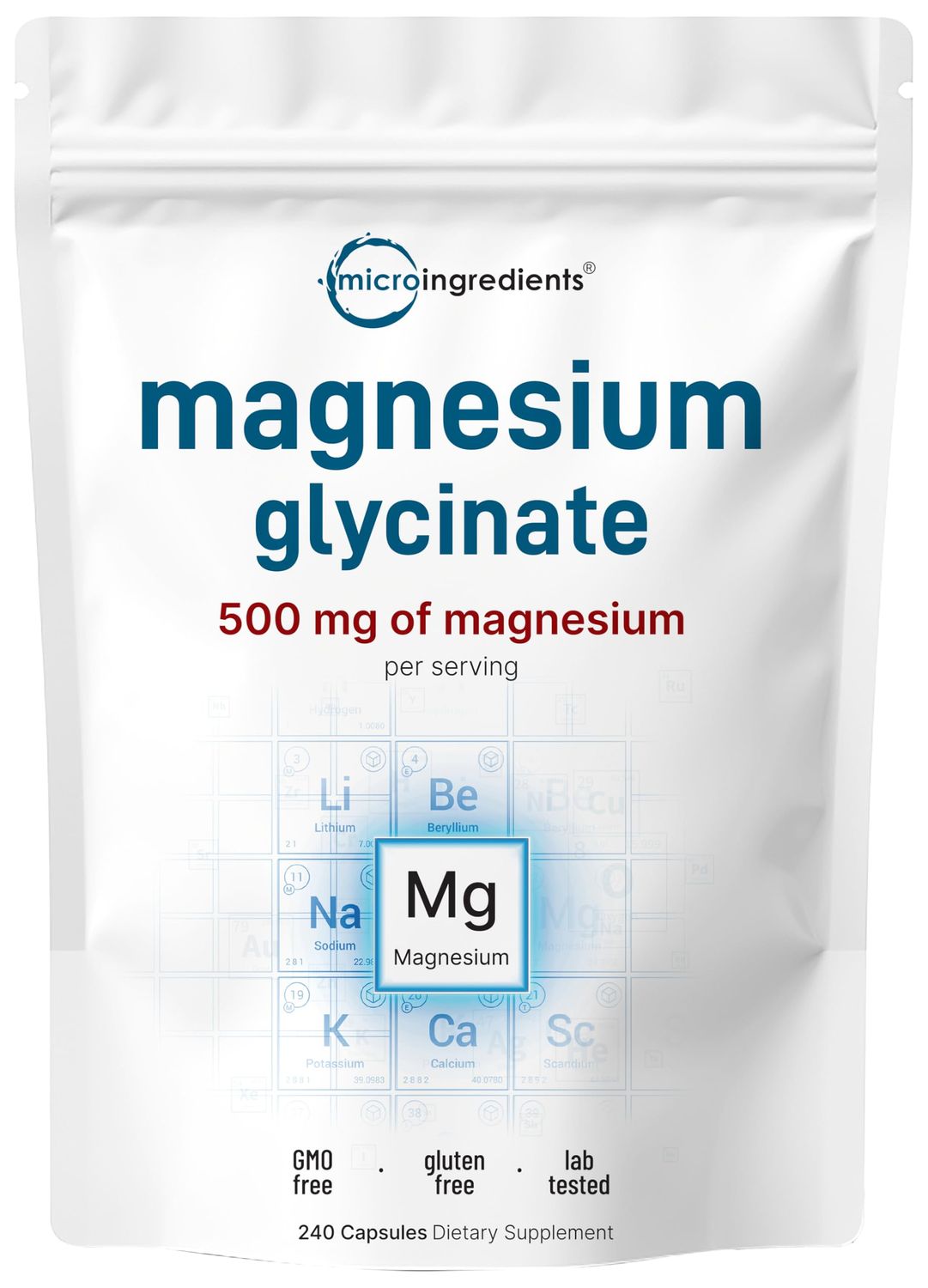 Micro Ingredients Magnesium Glycinate 500mg Per Serving, 240 Capsules | Potent Elemental Form, 100% Chelated, High Absorption | Healthy Muscle, Bones, &amp; Mood Support Supplement | Non-GMO