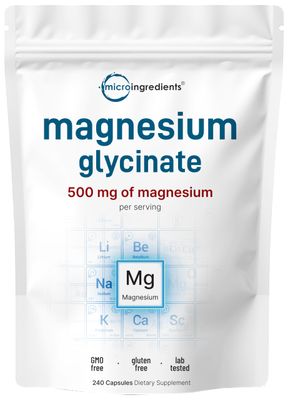 Micro Ingredients Magnesium Glycinate 500mg Per Serving, 240 Capsules | Potent Elemental Form, 100% Chelated, High Absorption | Healthy Muscle, Bones, &amp; Mood Support Supplement | Non-GMO