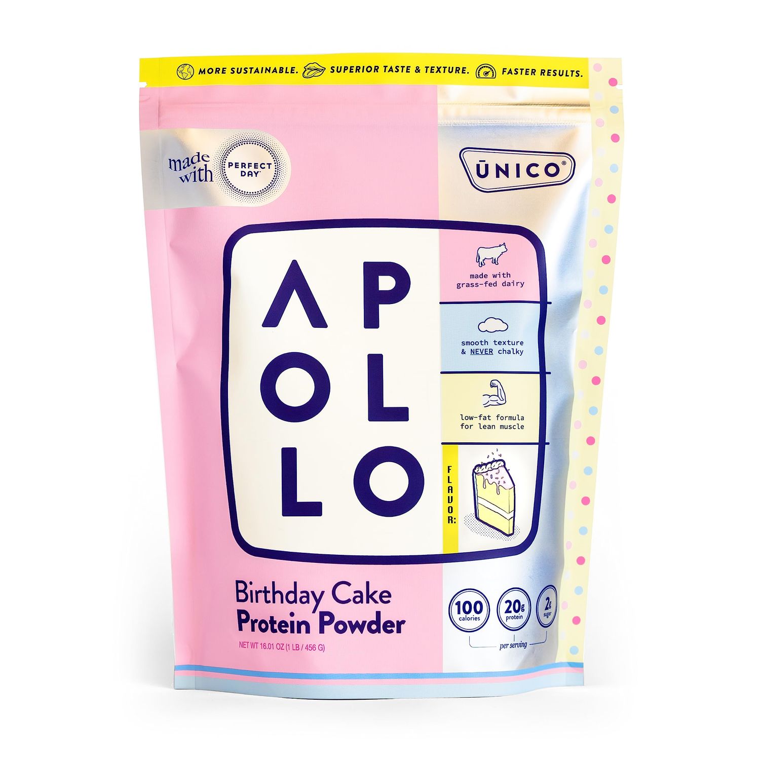 NICO Unico Apollo Birthday Cake Batter Protein Powder w/Rainbow Sprinkles | Smooth Texture &amp; Non-Chalky | Made w/ 100% Grass-Fed Whey Plus Casein and Egg White | Low Carb, Low Sugar, Low Calorie