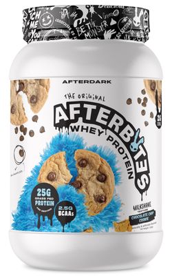 AFTERDARK AfterBites Whey Protein Powder, 25g Protein, 4.5g BCAAs, Easy Dissolving, No Artificial Colors or Fillers, Isolate Protein, USA Made, 26 Servings, Chocolate Chip Cookie