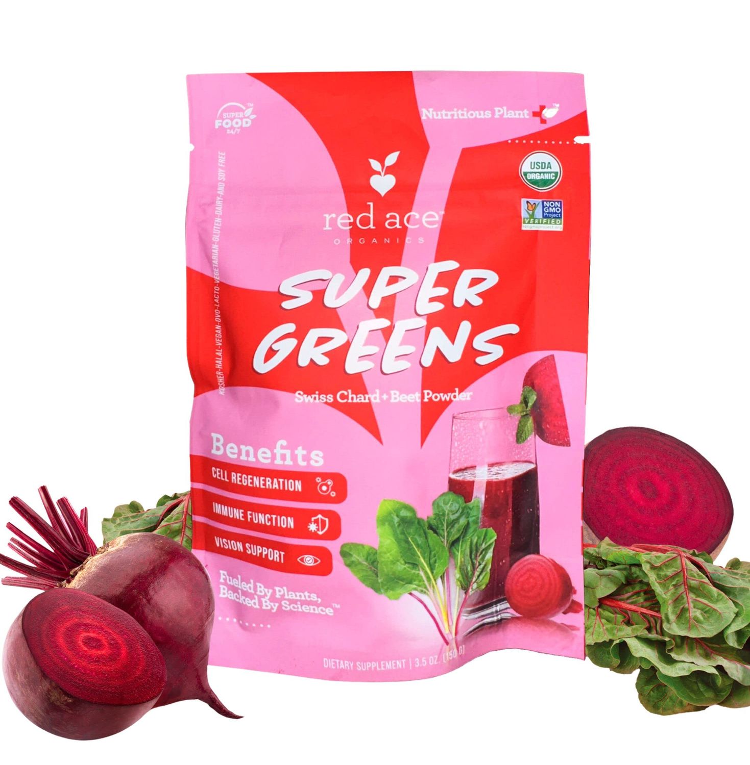 Red Ace Swiss Chard &amp; Beet Powder, Gluten Free, Vegan, Organic Pre Workout, Supplement for Men &amp; Women, Energy Boost Supplements, Nitric Oxide Booster, Superfood Greens, Health &amp; Wellness, 5.3oz