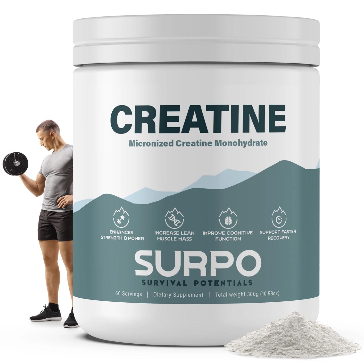 SURPO Micronized Creatine Monohydrate Powder - 300g, 60 Servings | Pure Creatine Powder | Unflavored | Gluten Free &amp; Non GMO Workout Supplements for Men &amp; Women | Ideal for Muscle Recovery &amp; Growth