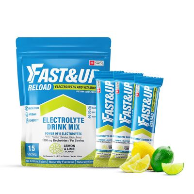 FAST&amp;UP Reload - Lemon &amp; Lime - Refreshing Electrolyte Drink Mix | Hydration Powder Packets | 1500 mg Electrolytes + Vitamins C &amp; B12 | Easy to Open Single Serving Pack | 15 Servings