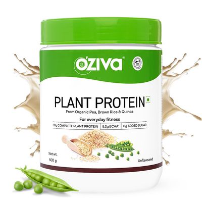 OZiva Organic Plant Protein Powder | 500 Gm | (30g Vegan Protein - Pea Protein a, Brown Rice Protein &amp; Quinoa, Soy Free) for Everyday Fitness, Boosts Immunity, Unflavored (1.1 lb)